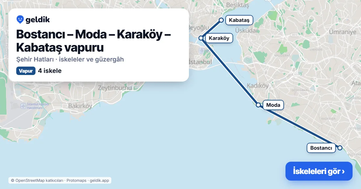Bostancı – Moda – Karaköy – Kabataş vapur hattı haritası: Bostancı, Moda, Karaköy, Kabataş iskeleleri