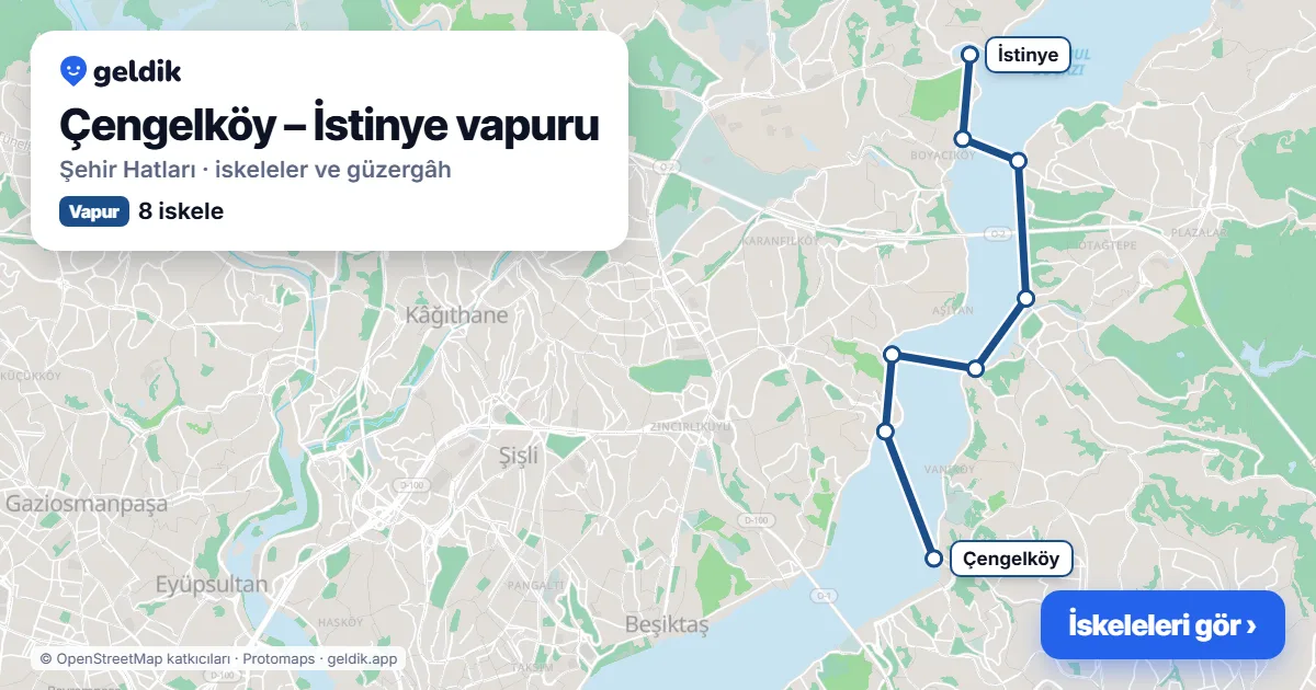 Çengelköy – İstinye vapur hattı haritası: Çengelköy, Arnavutköy, Bebek, Kandilli, Anadolu Hisarı, Kanlıca, Emirgan, İstinye (Arabalı Vapur) iskeleleri
