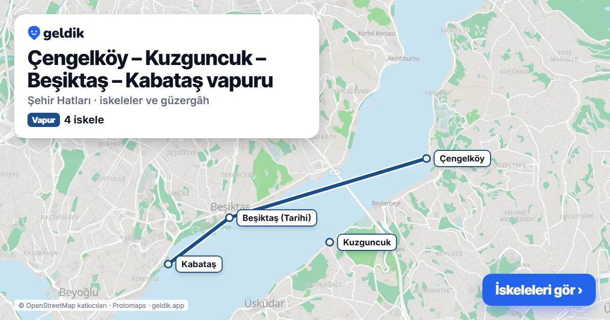 Çengelköy – Kuzguncuk – Beşiktaş – Kabataş vapur hattı haritası: Çengelköy, Kuzguncuk, Beşiktaş (Tarihi), Kabataş iskeleleri