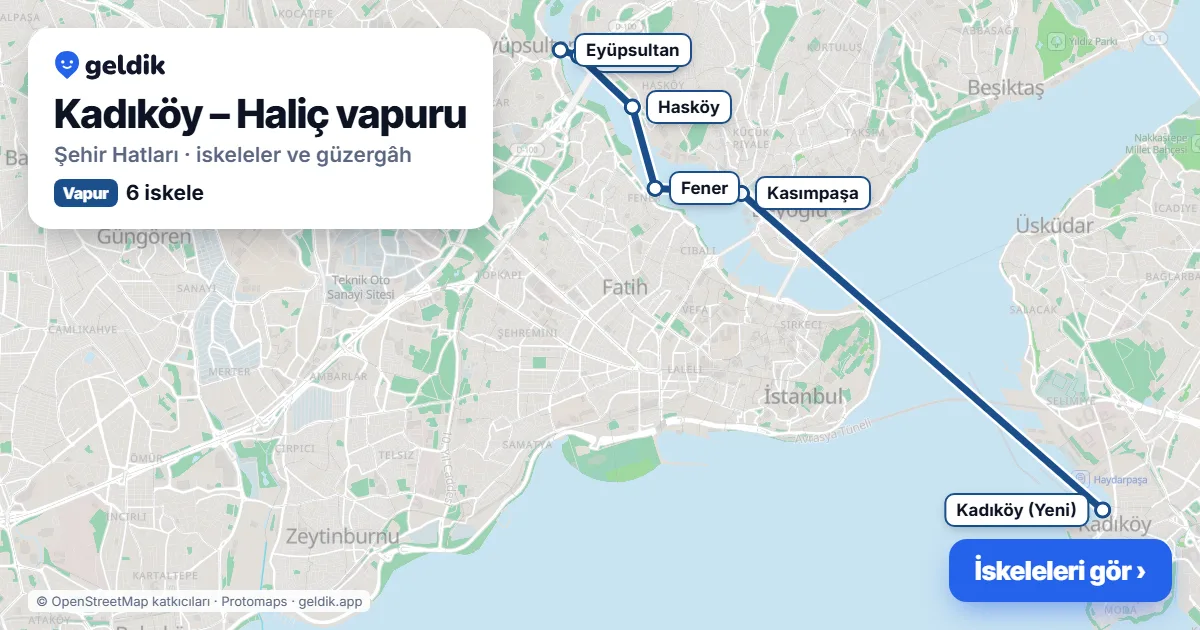 Kadıköy – Haliç ferry route map: Kadıköy (Yeni), Kasımpaşa, Fener, Hasköy, Sütlüce, Eyüpsultan piers