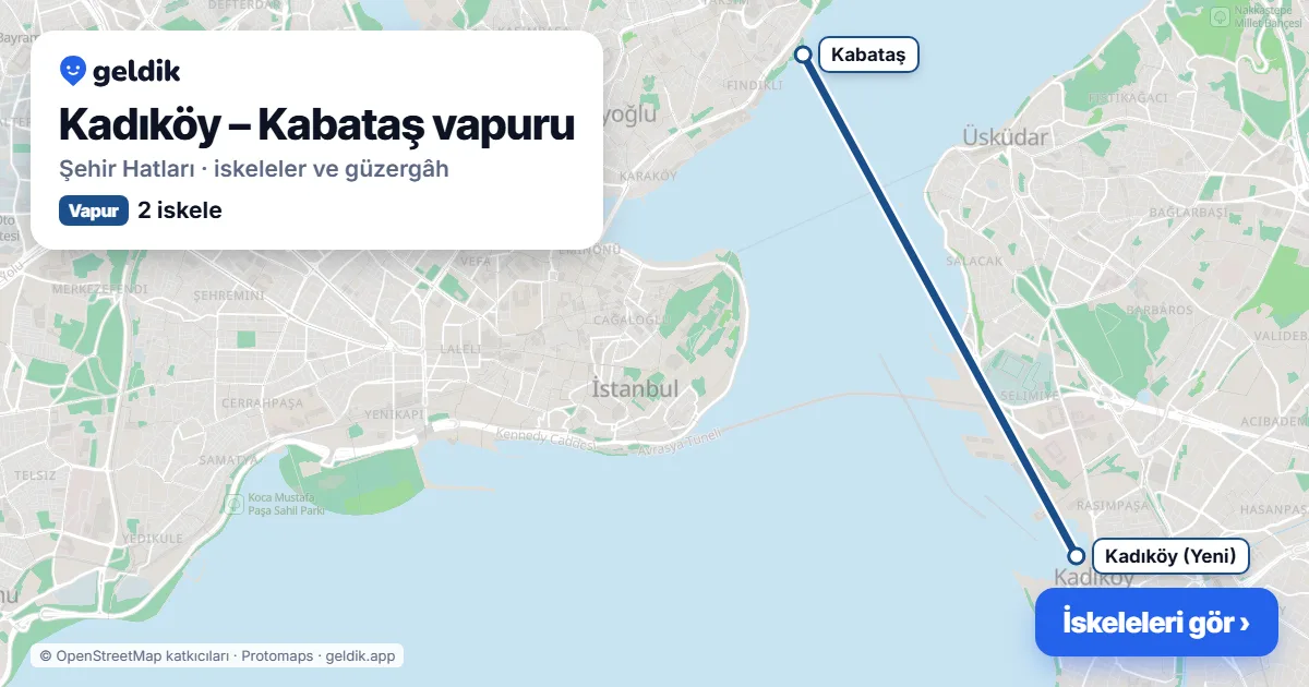 Kadıköy – Kabataş vapur hattı haritası: Kadıköy (Yeni), Kabataş iskeleleri