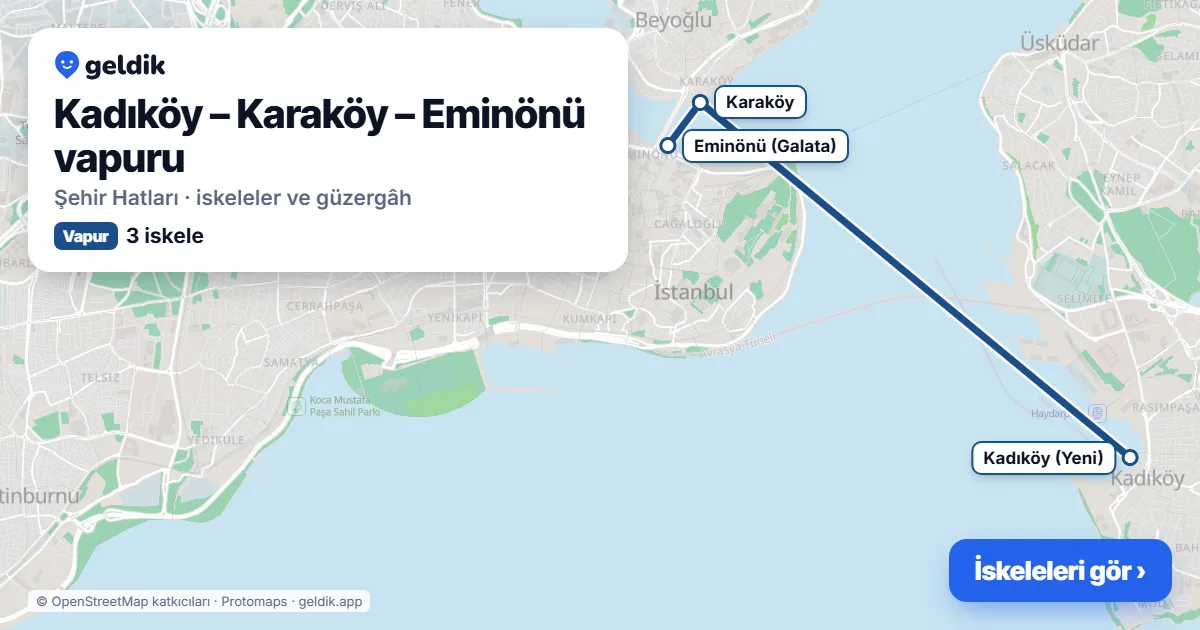 Kadıköy – Karaköy – Eminönü vapur hattı haritası: Kadıköy (Yeni), Karaköy, Eminönü (Galata) iskeleleri