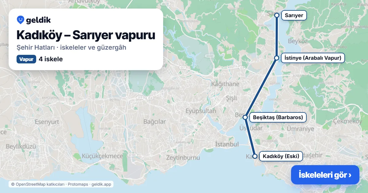 Kadıköy – Sarıyer vapur hattı haritası: Kadıköy (Eski), Beşiktaş (Barbaros), İstinye (Arabalı Vapur), Sarıyer iskeleleri