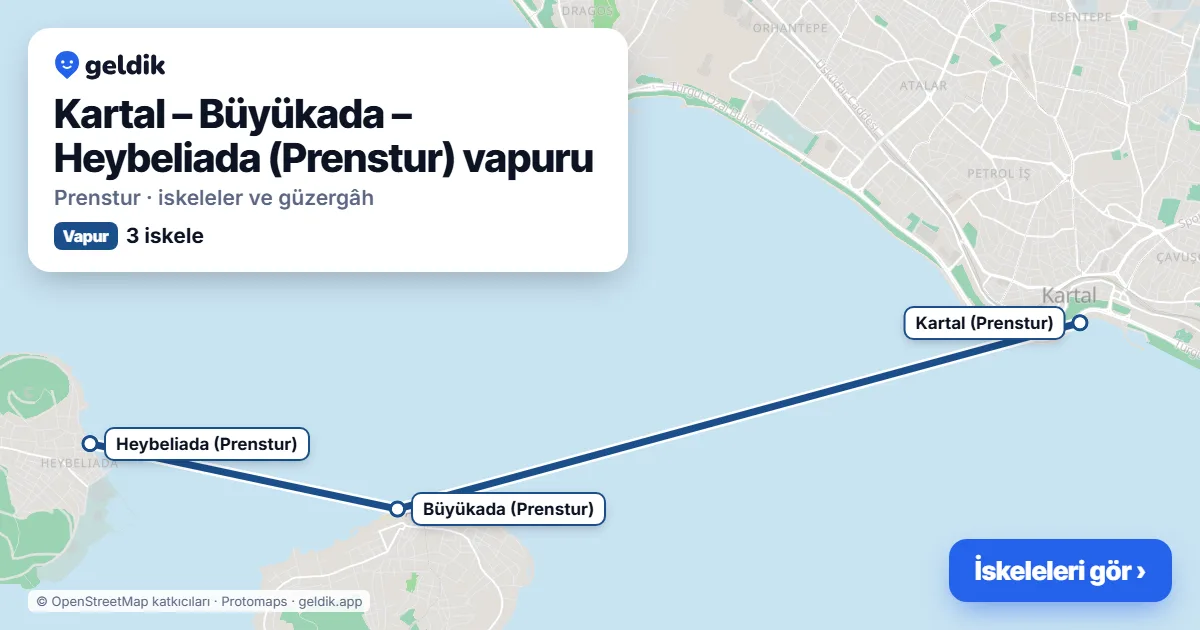 Kartal – Büyükada – Heybeliada (Prenstur) ferry route map: Kartal (Prenstur), Büyükada (Prenstur), Heybeliada (Prenstur) piers