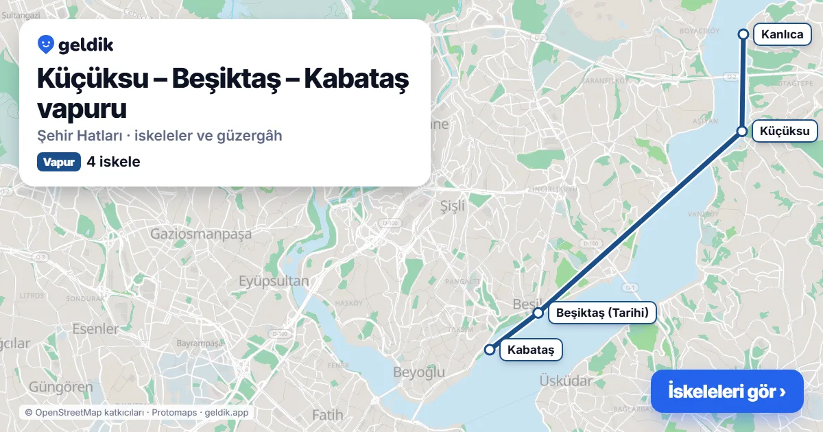 Küçüksu – Beşiktaş – Kabataş vapur hattı haritası: Kanlıca, Küçüksu, Beşiktaş (Tarihi), Kabataş iskeleleri