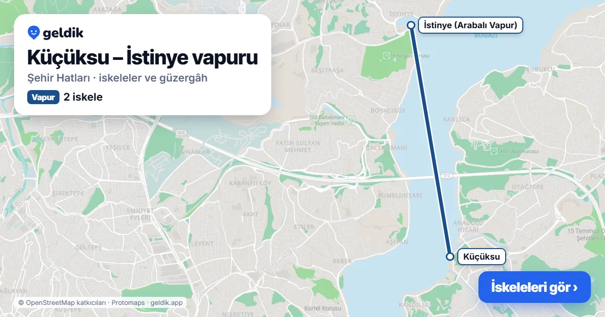 Küçüksu – İstinye vapur hattı haritası: Küçüksu, İstinye (Arabalı Vapur) iskeleleri