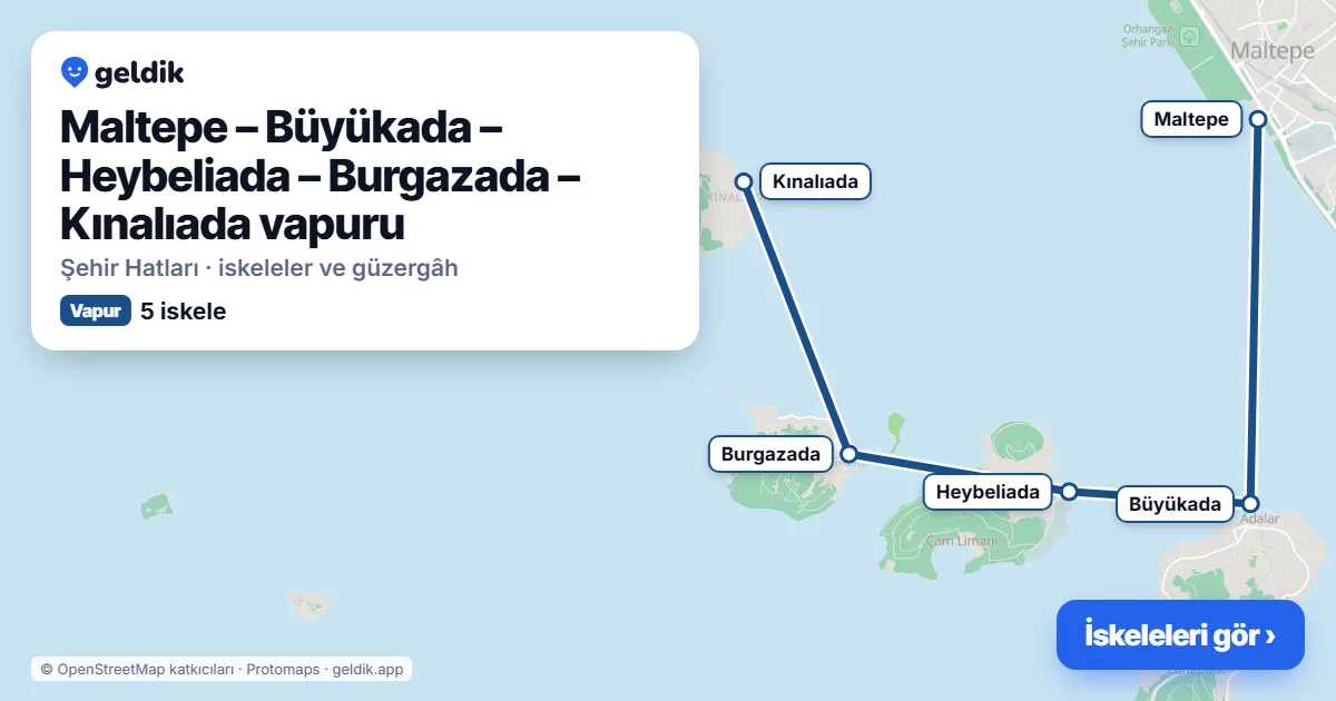 Maltepe – Büyükada – Heybeliada – Burgazada – Kınalıada ferry route map: Maltepe, Büyükada, Heybeliada, Burgazada, Kınalıada piers