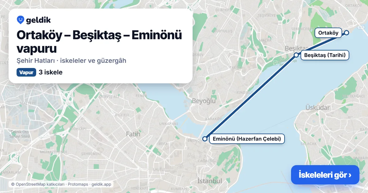 Ortaköy – Beşiktaş – Eminönü vapur hattı haritası: Ortaköy, Beşiktaş (Tarihi), Eminönü (Hazerfan Çelebi) iskeleleri
