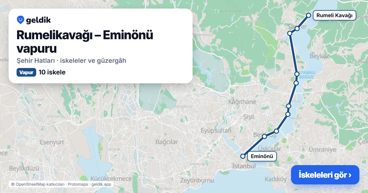 Rumelikavağı – Eminönü ferry route map: Rumeli Kavağı, Sarıyer, Büyükdere, İstinye (Arabalı Vapur), Emirgan, Bebek, Arnavutköy, Ortaköy, Beşiktaş (Tarihi), Eminönü (Hazerfan Çelebi) piers