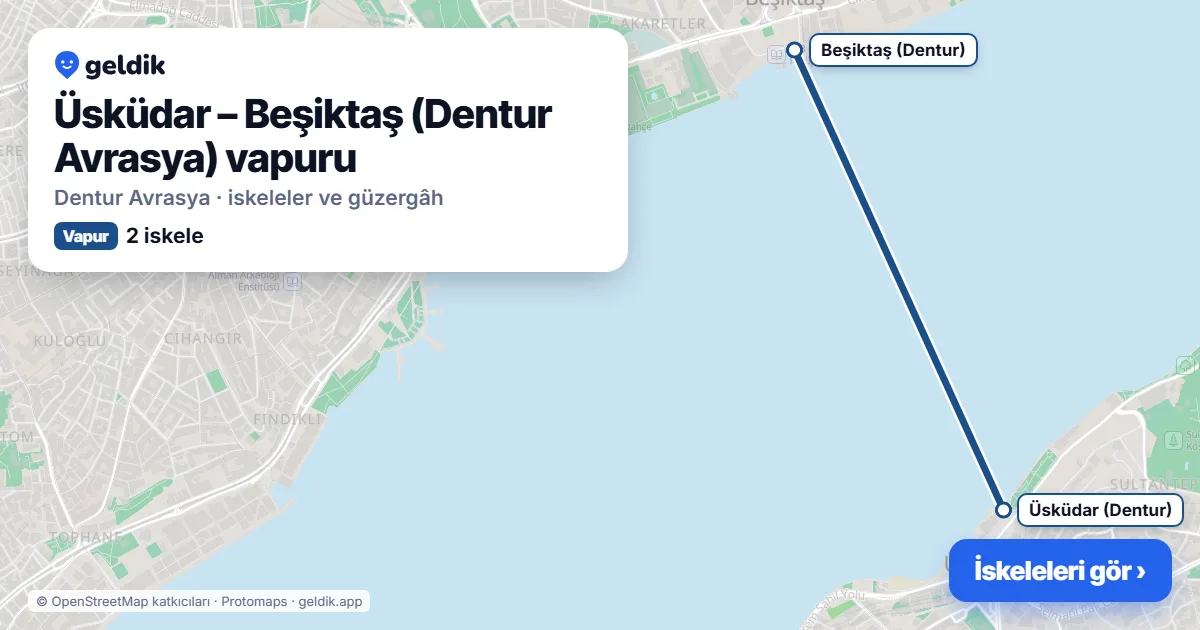 Üsküdar – Beşiktaş (Dentur Avrasya) vapur hattı haritası: Üsküdar (Dentur), Beşiktaş (Dentur) iskeleleri