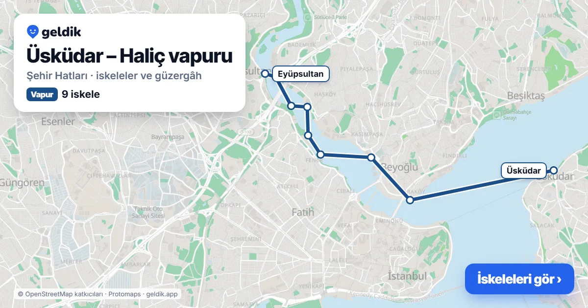 Üsküdar – Haliç vapur hattı haritası: Eyüpsultan, Sütlüce, Ayvansaray, Hasköy, Balat, Fener, Kasımpaşa, Karaköy, Üsküdar iskeleleri