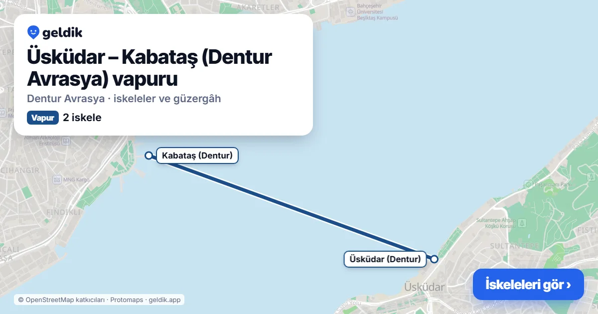 Üsküdar – Kabataş (Dentur Avrasya) vapur hattı haritası: Üsküdar (Dentur), Kabataş (Dentur) iskeleleri