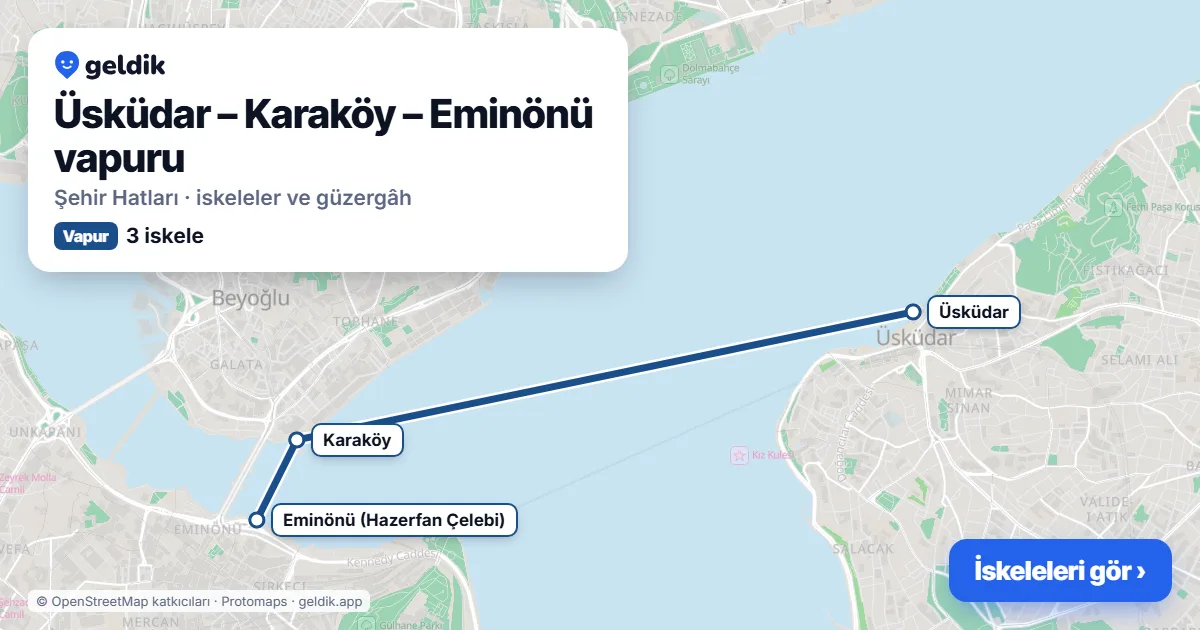 Üsküdar – Karaköy – Eminönü vapur hattı haritası: Üsküdar, Karaköy, Eminönü (Hazerfan Çelebi) iskeleleri