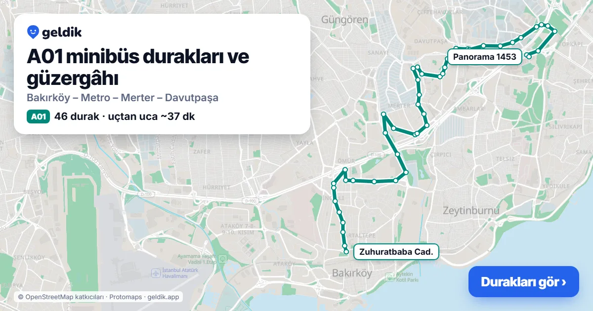 A01 minibüs güzergâhı haritası: 46 durak