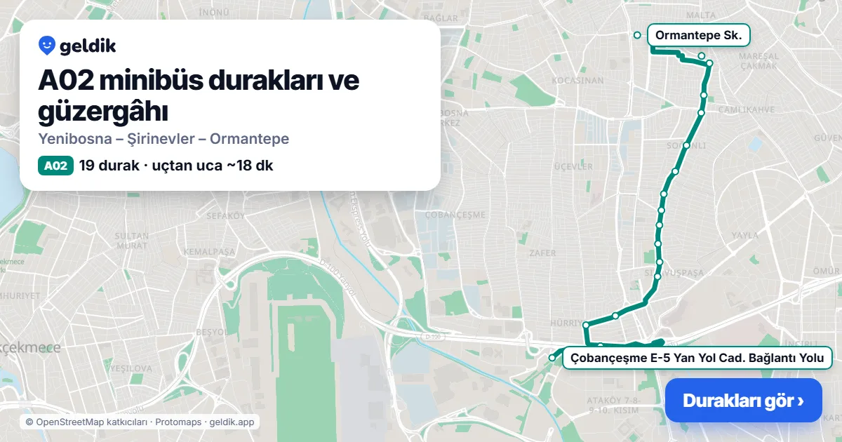 A02 minibüs güzergâhı haritası: 19 durak