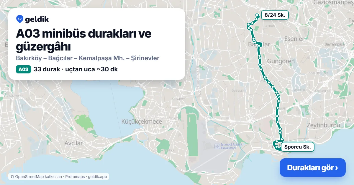 A03 minibüs güzergâhı haritası: 33 durak