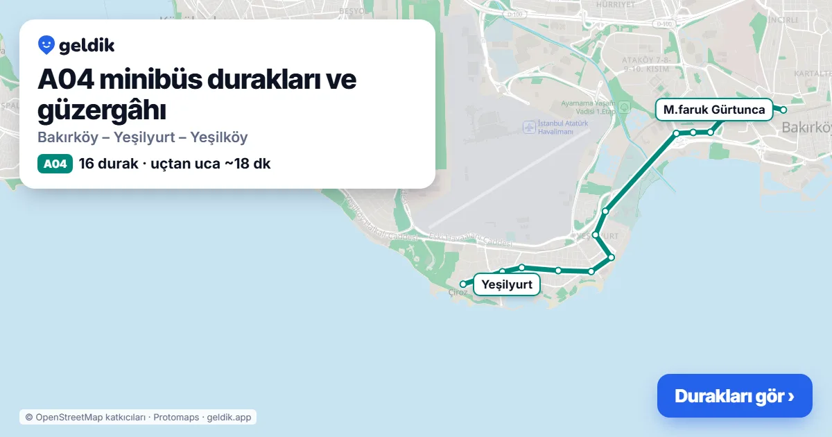 A04 minibüs güzergâhı haritası: 16 durak
