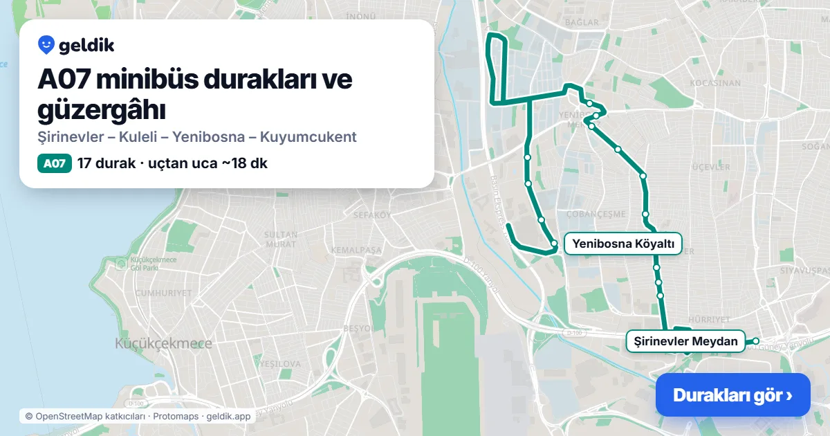 A07 minibüs güzergâhı haritası: 17 durak