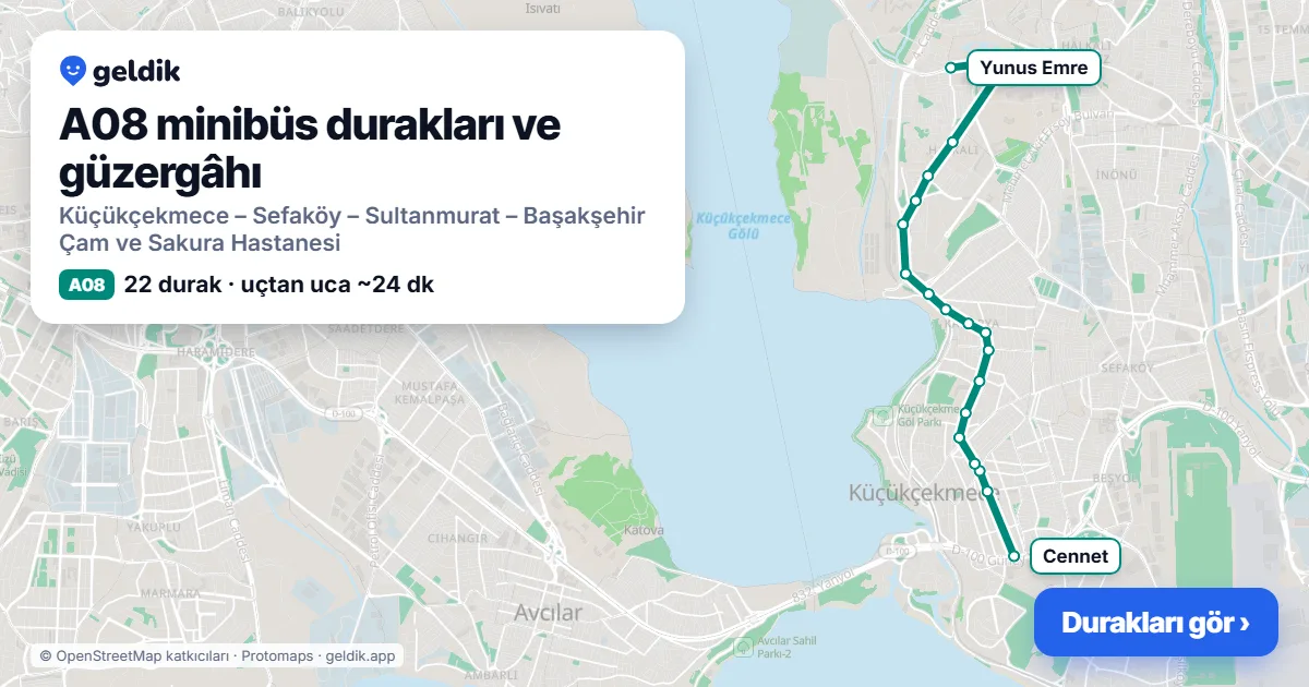 A08 minibüs güzergâhı haritası: 22 durak