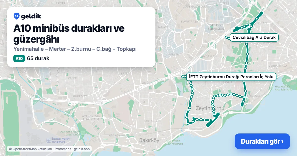 A10 minibüs güzergâhı haritası: 65 durak