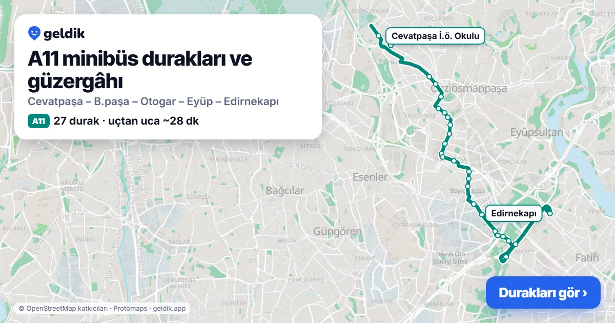 A11 minibüs güzergâhı haritası: 27 durak