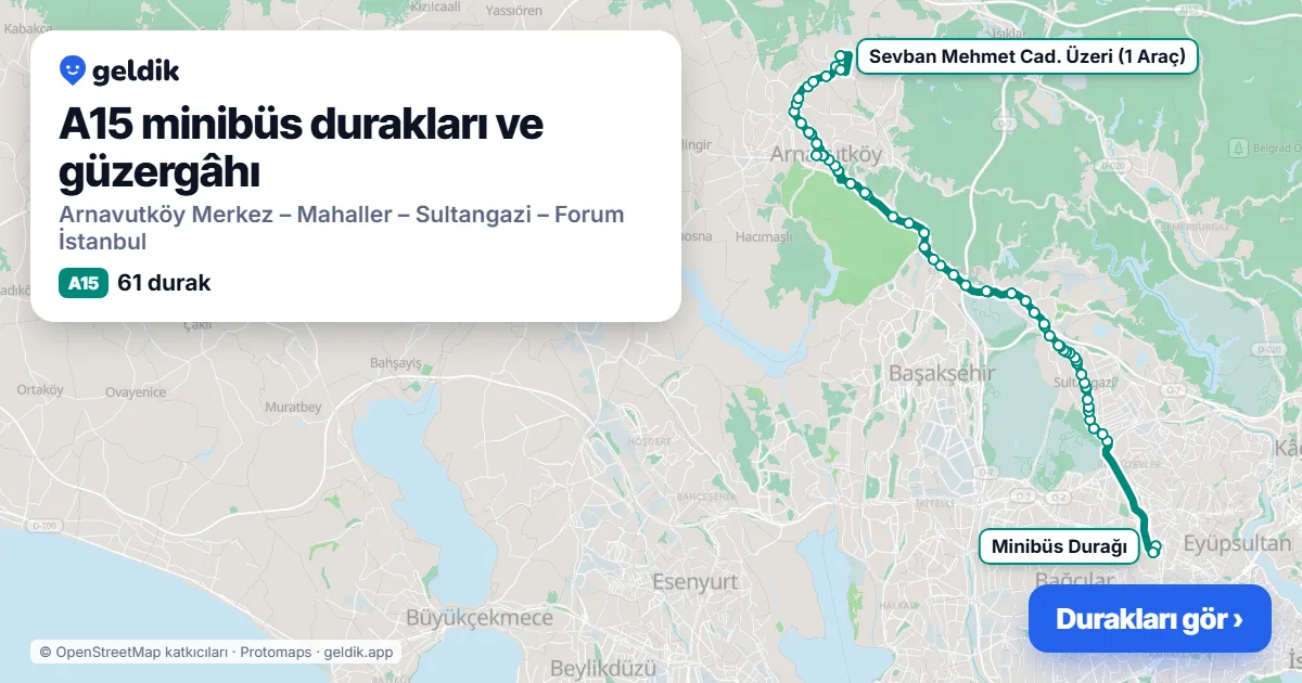 A15 minibüs güzergâhı haritası: 61 durak