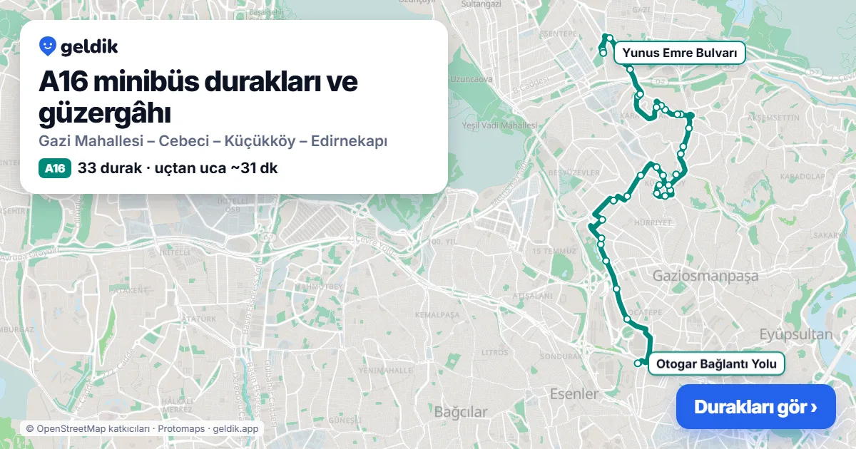 A16 minibüs güzergâhı haritası: 33 durak