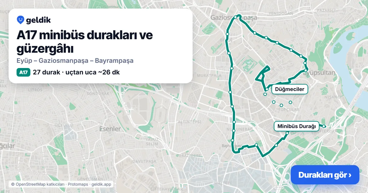 A17 minibüs güzergâhı haritası: 27 durak