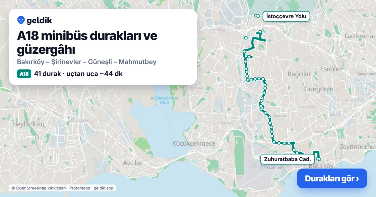 A18 minibüs güzergâhı haritası: 41 durak