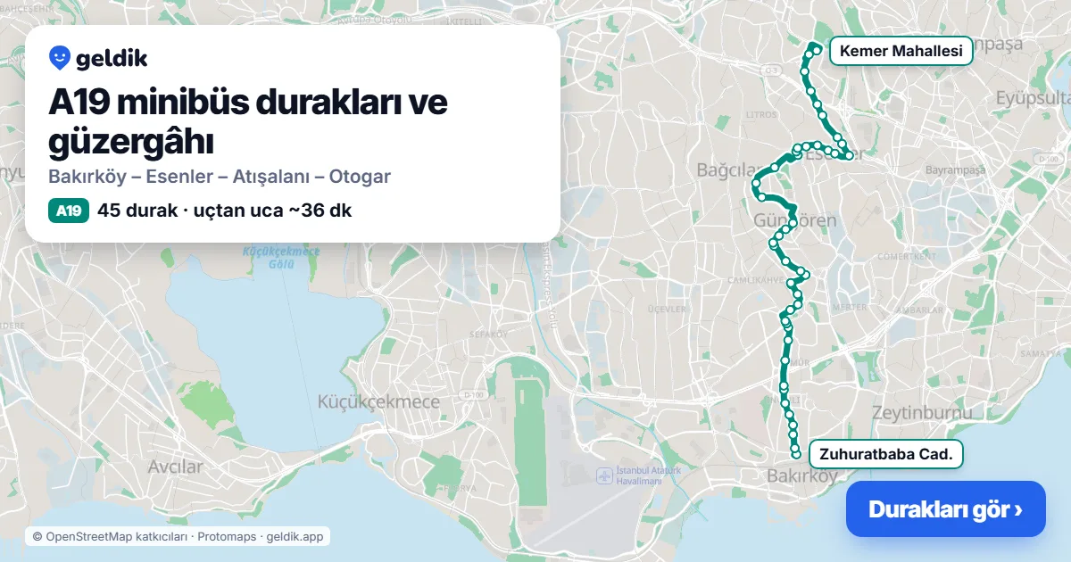 A19 minibüs güzergâhı haritası: 45 durak