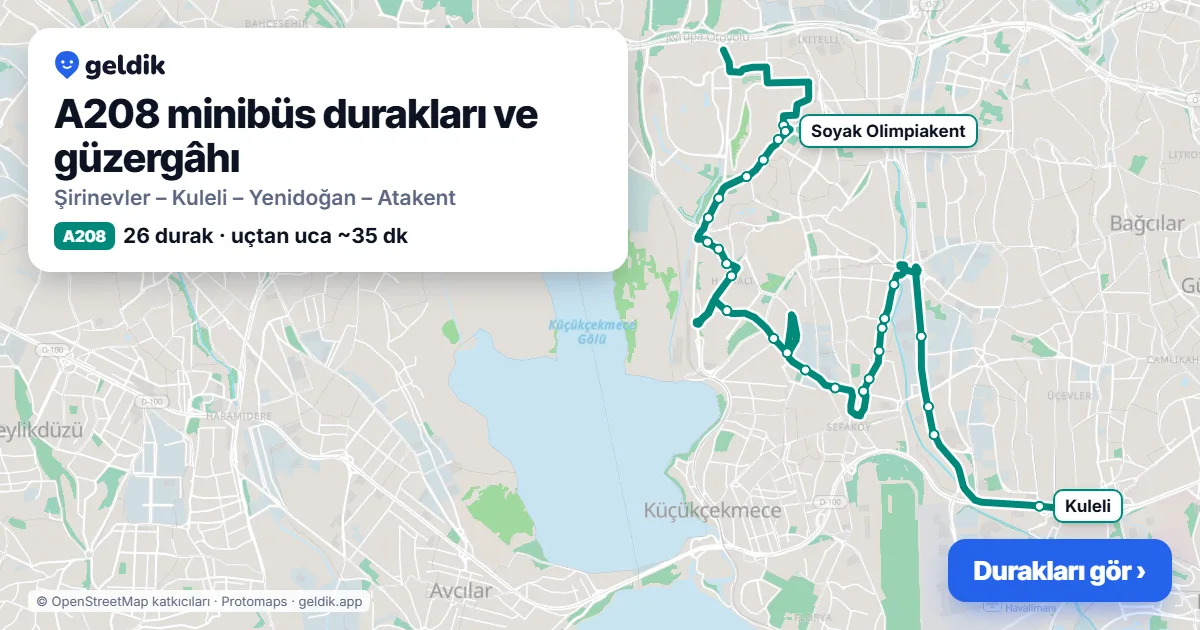 A208 minibüs güzergâhı haritası: 26 durak