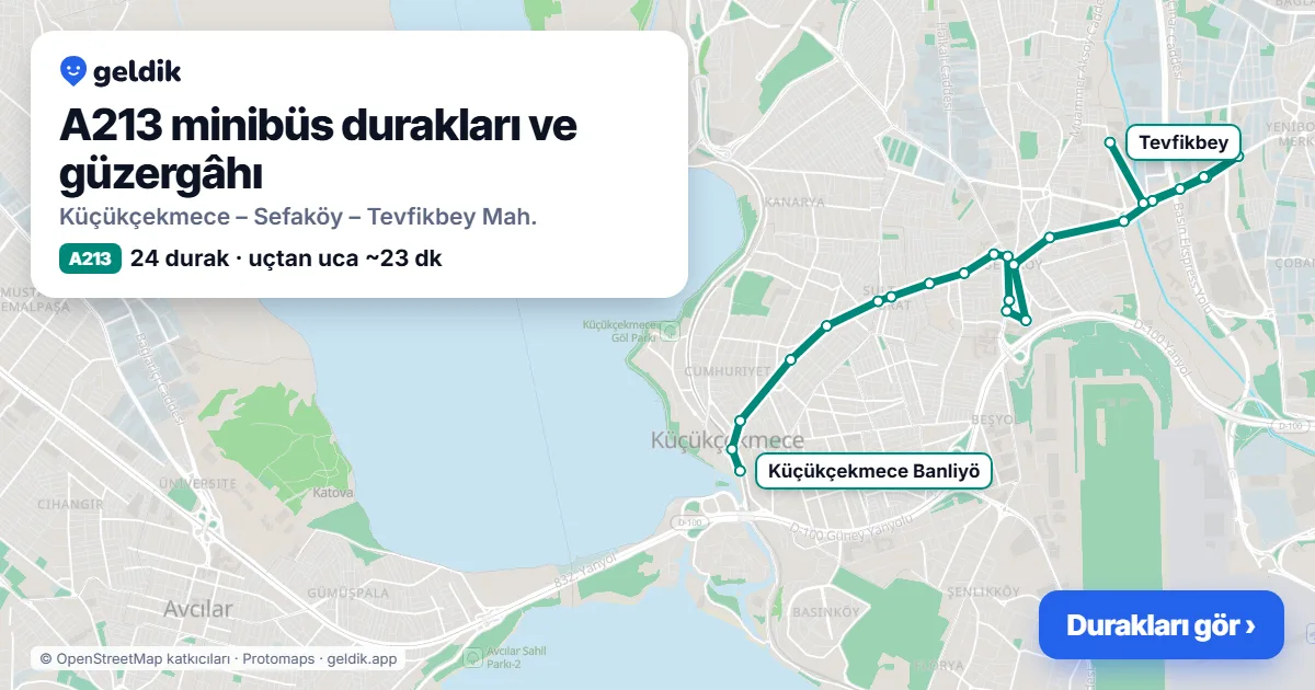 A213 minibüs güzergâhı haritası: 24 durak