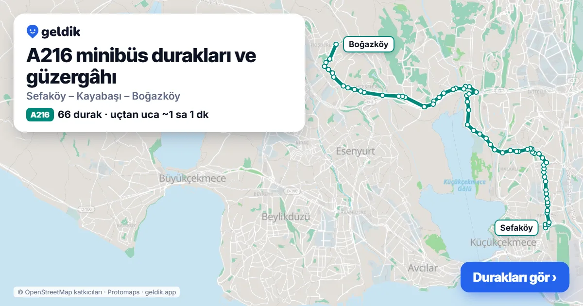 A216 minibüs güzergâhı haritası: 66 durak