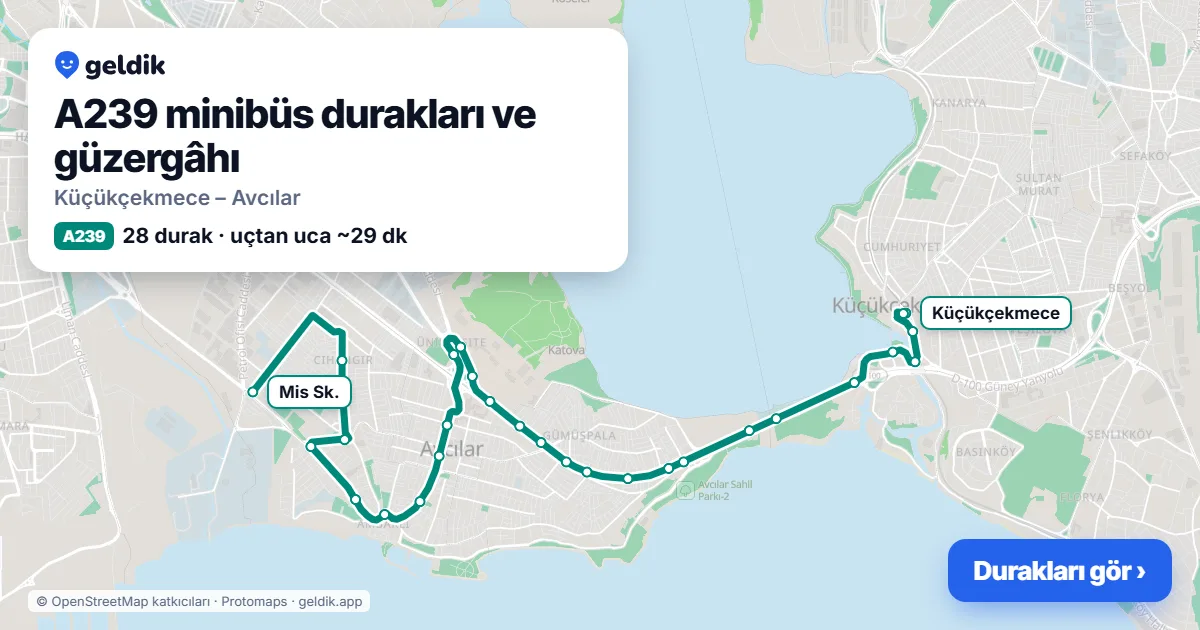 A239 minibüs güzergâhı haritası: 28 durak