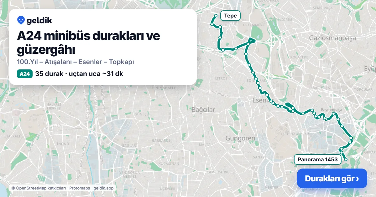 A24 minibüs güzergâhı haritası: 35 durak