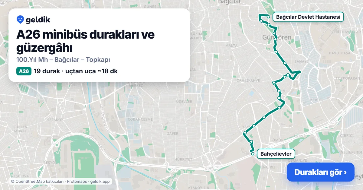 A26 minibüs güzergâhı haritası: 19 durak