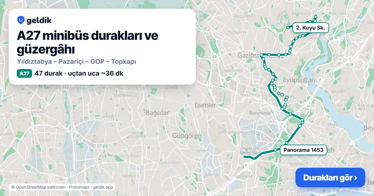 A27 minibüs güzergâhı haritası: 47 durak