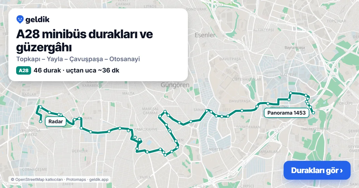 A28 minibüs güzergâhı haritası: 46 durak
