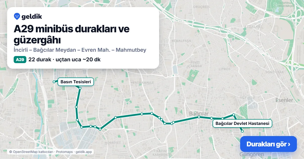A29 minibüs güzergâhı haritası: 22 durak