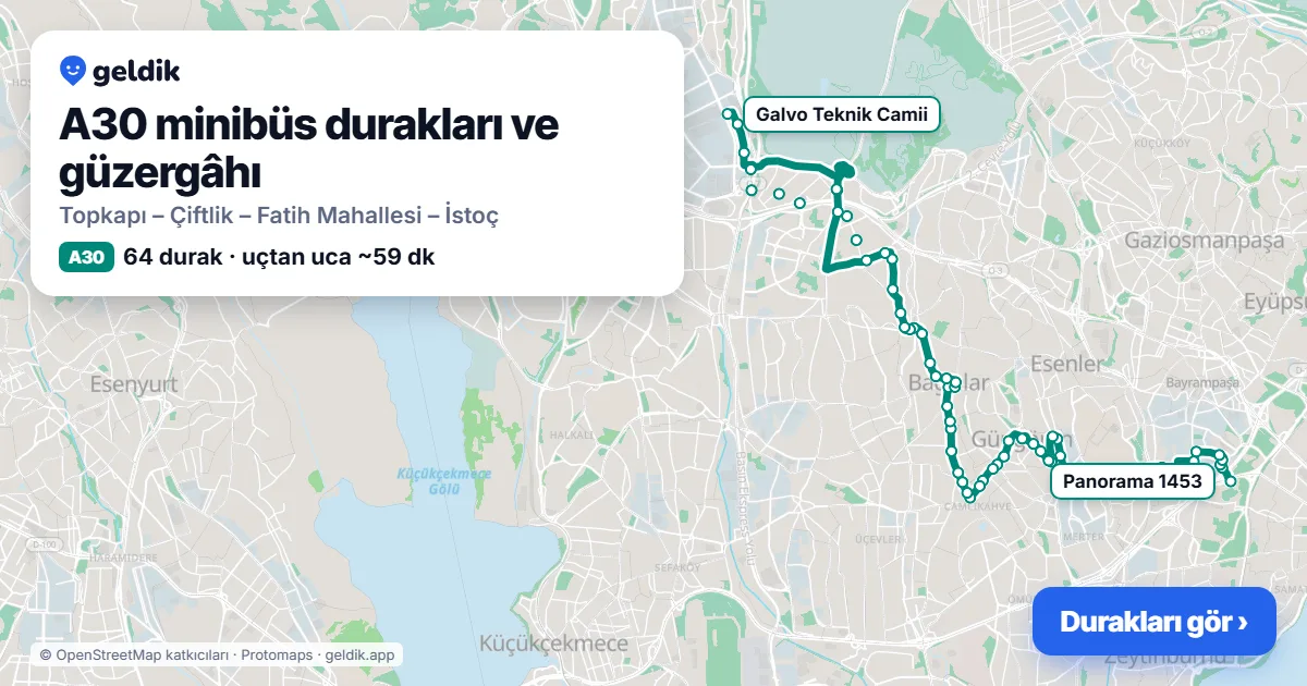 A30 minibüs güzergâhı haritası: 64 durak