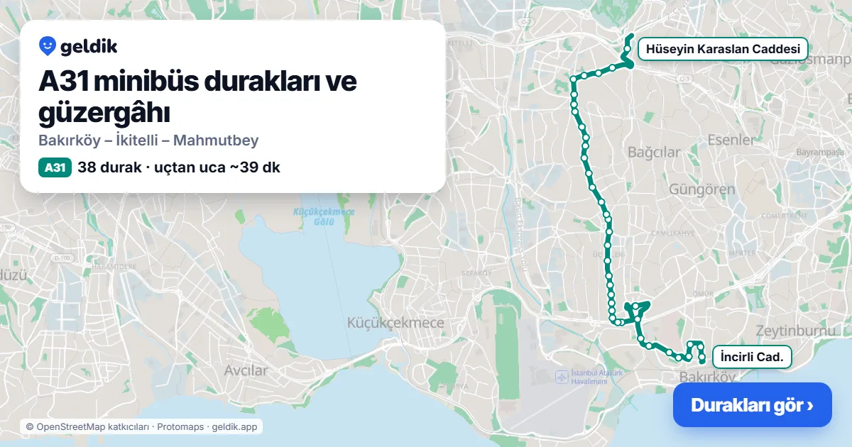 A31 minibüs güzergâhı haritası: 38 durak