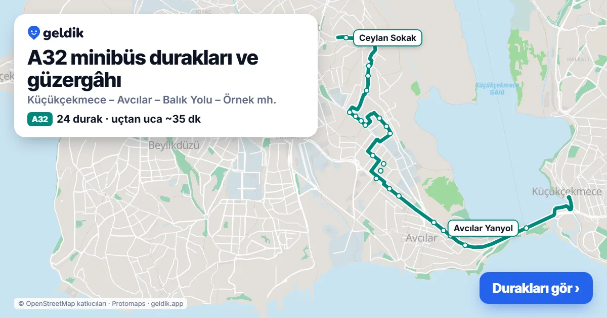 A32 minibüs güzergâhı haritası: 24 durak
