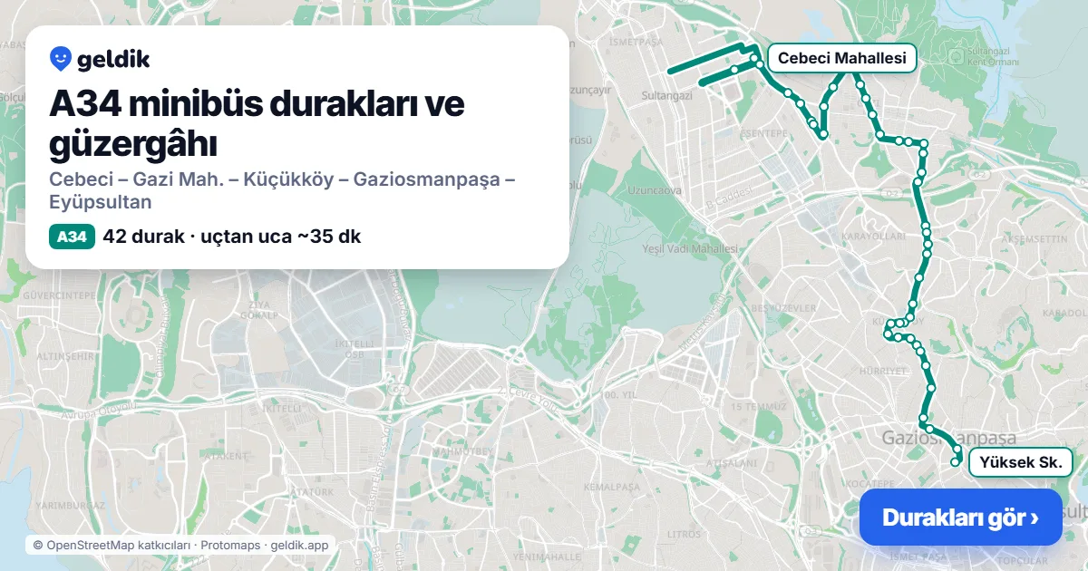 A34 minibüs güzergâhı haritası: 42 durak