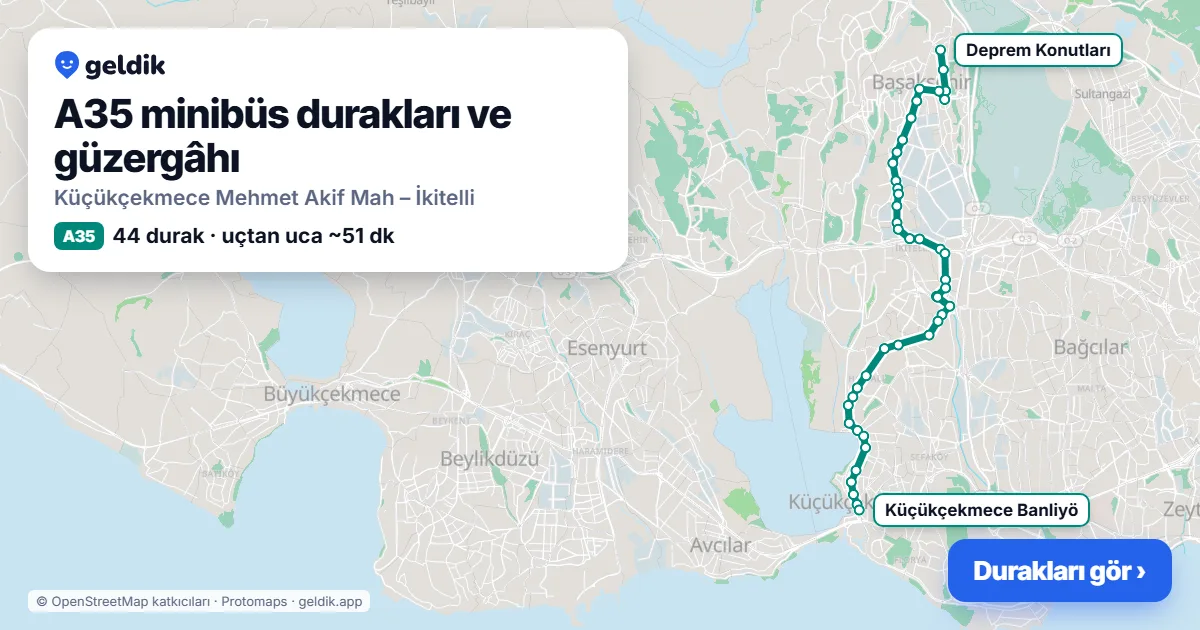 A35 minibüs güzergâhı haritası: 44 durak