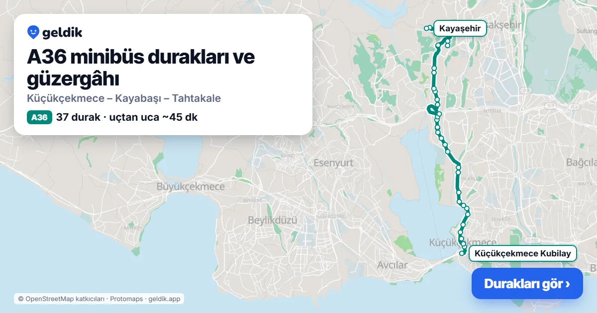 A36 minibüs güzergâhı haritası: 37 durak