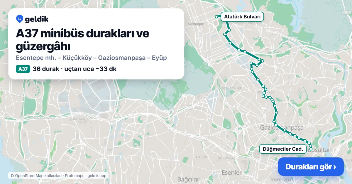 A37 minibüs güzergâhı haritası: 36 durak