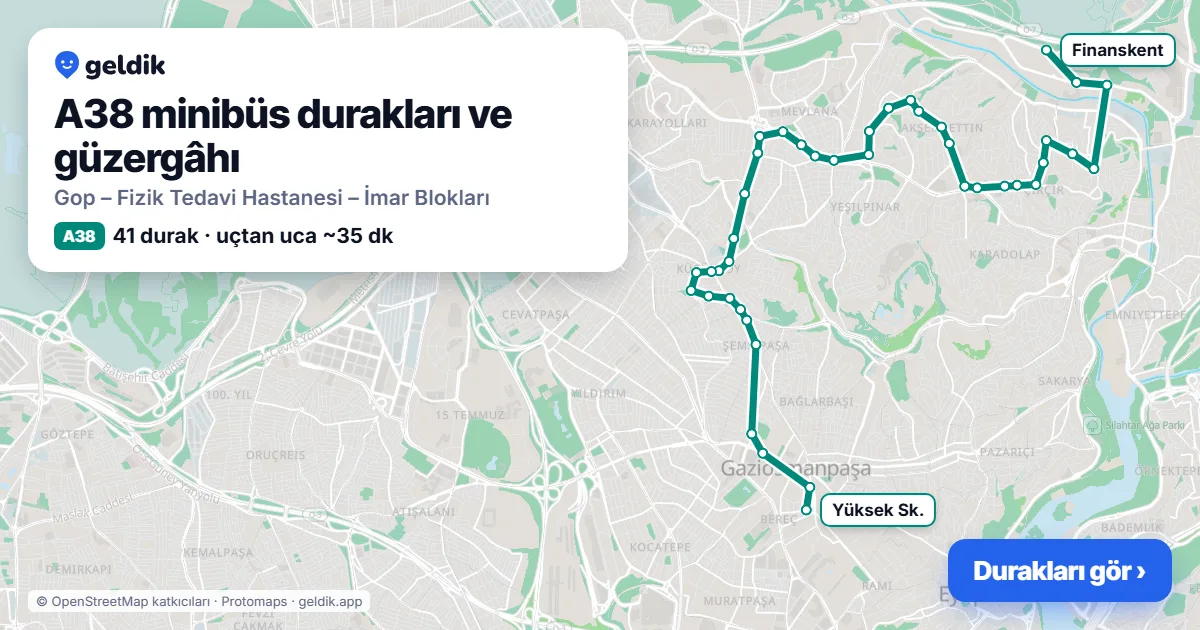A38 minibüs güzergâhı haritası: 41 durak