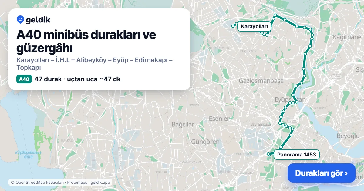 A40 minibüs güzergâhı haritası: 47 durak