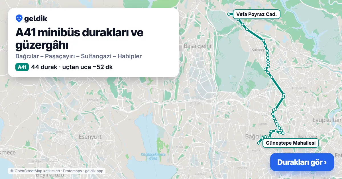 A41 minibüs güzergâhı haritası: 44 durak