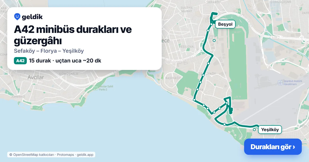 A42 minibüs güzergâhı haritası: 15 durak